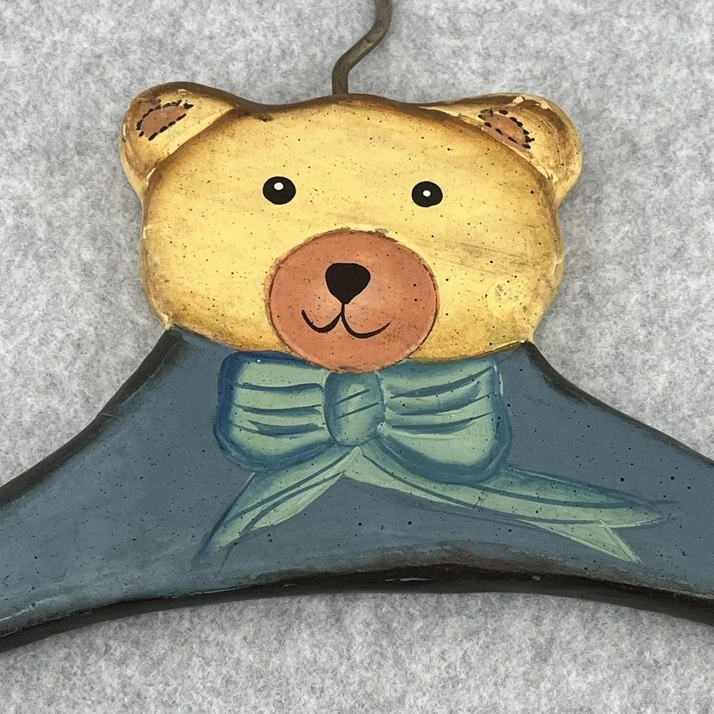 Teddy Bear Closet Hangers Wooden Hand Painted 90s Blue Set Of 2 Nursery Decor‎